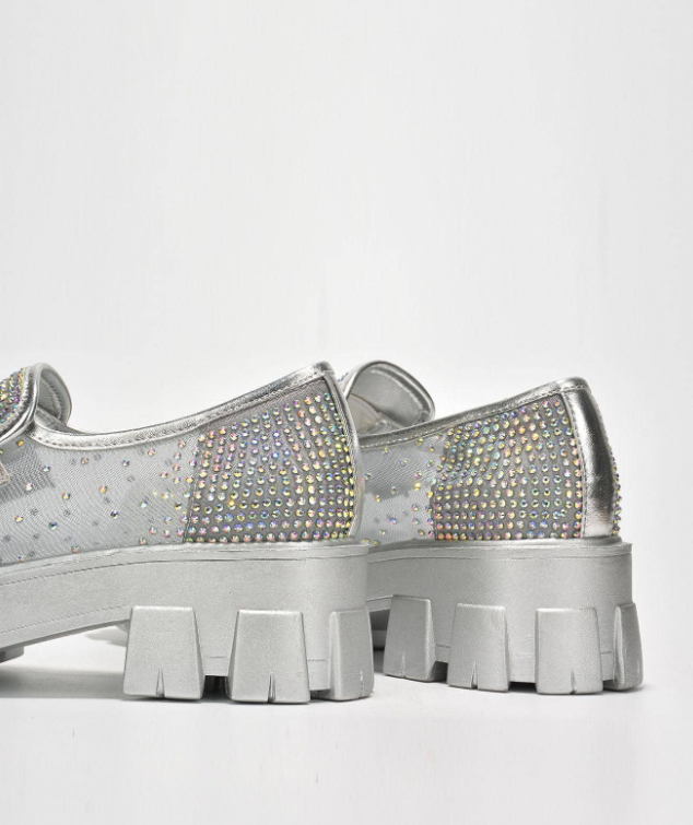 Abbe Women’s Rhinestone Chunky Loafers – Transparent Round Toe Sparkly Platform Flats