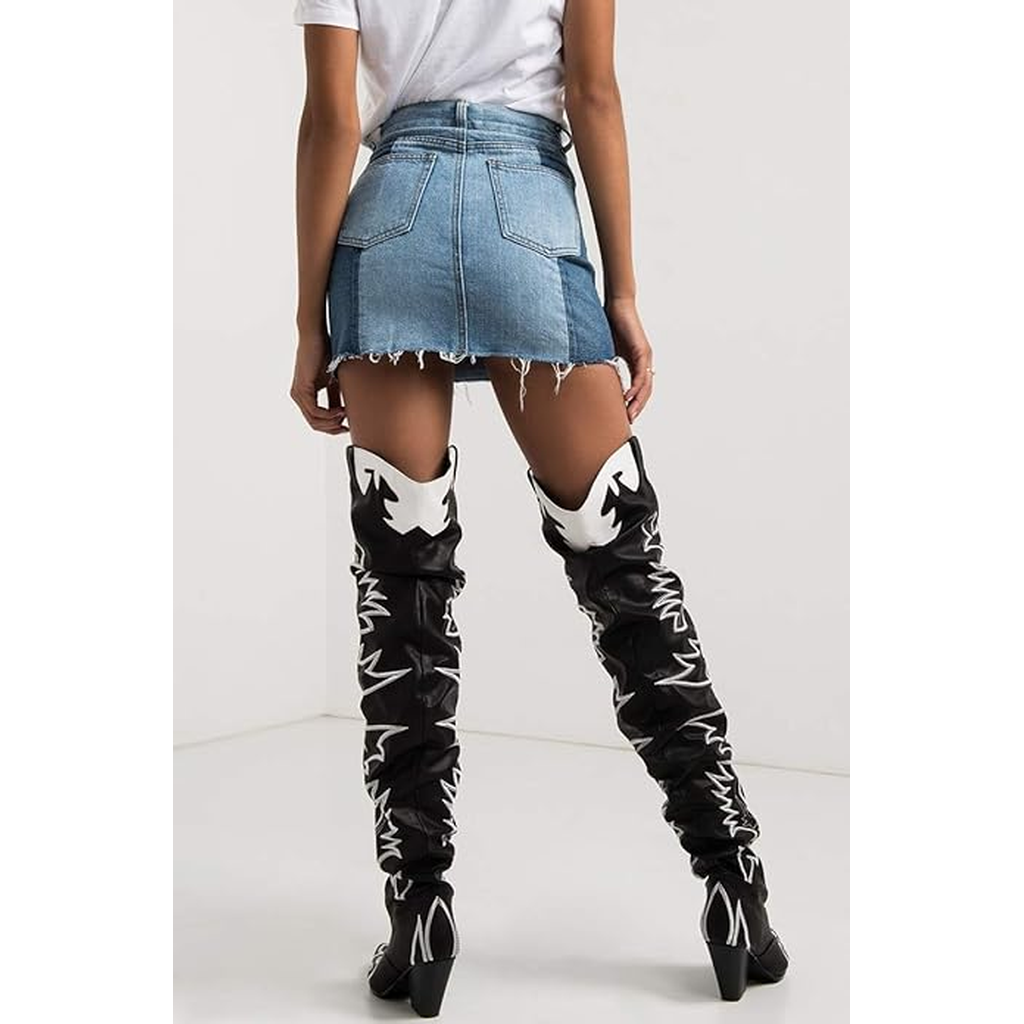 Kelsey-21 Over-the-Knee Western Cowgirl Boots – Embroidered Slouchy Pointed Toe Boots with Chunky Heel for Rodeo, Festival, or Fashion Streetwear