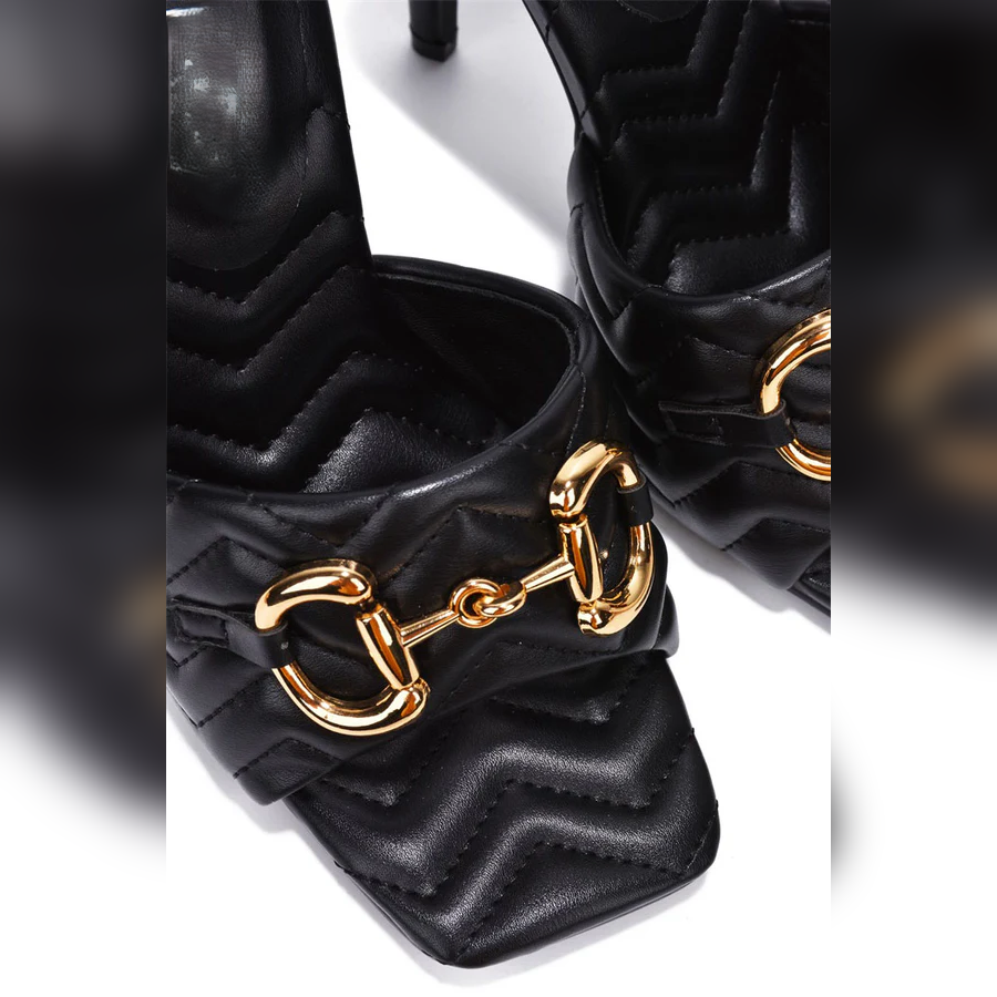 Minka Square Toe Mule Heels â Gold Horsebit Quilted Slip-On Stiletto Sandals for Women