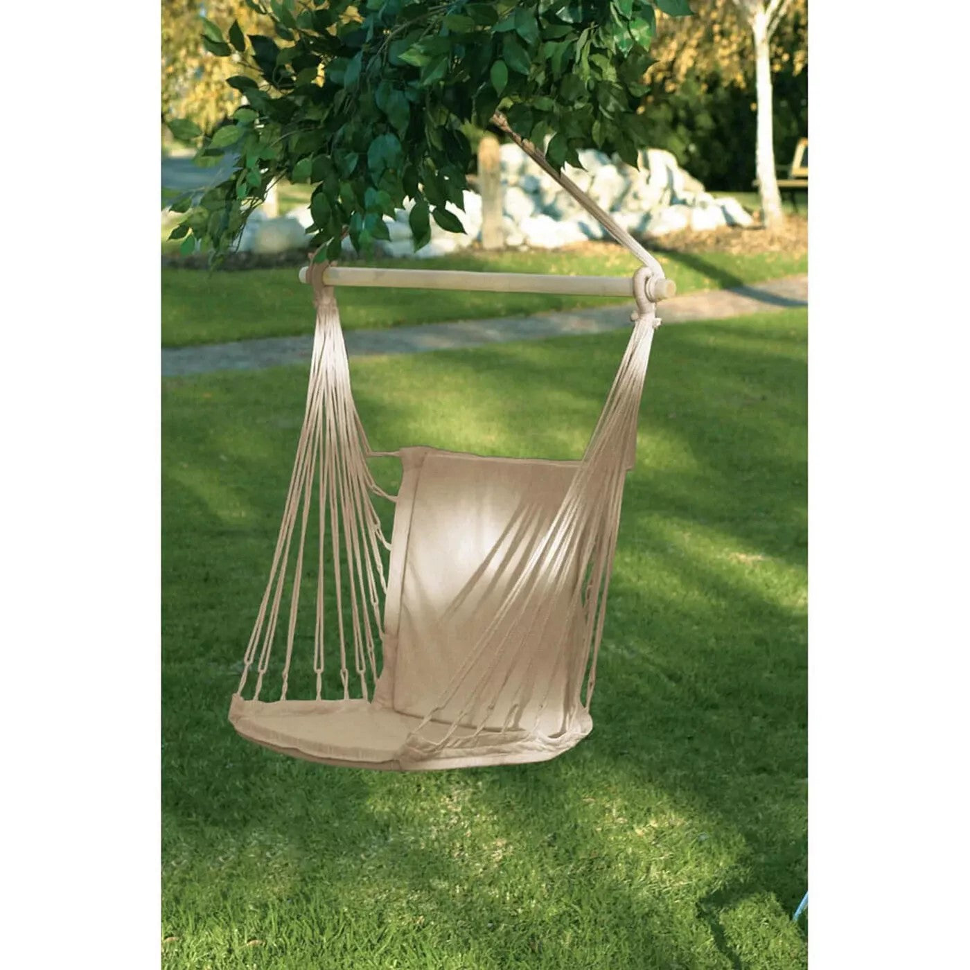 Hammock Chair Hanging Rope Swing - Max 200 Lbs - Wooden Bar with Anti-Slip Rings - for Any Indoor or Outdoor Spaces (Beige)