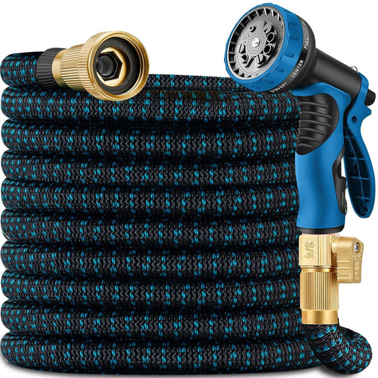 75ft/100 ft Expandable Garden Hose - Retractable Water Hose with 3/4" Solid Brass Fittings, Extra Strength Fabric - with 10 Pattern Spray Nozzle