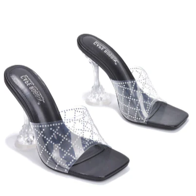 Eli Sexy Clear Heels for Women – Square Toe Crystal Wine Glass Heel Sandals with Rhinestone Straps