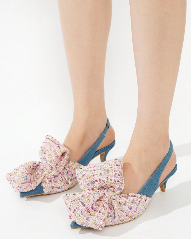 Lisandra Bow Slingback Kitten Heels – Pointed Toe Statement Pumps for Women (Leopard / Pastel Tweed)