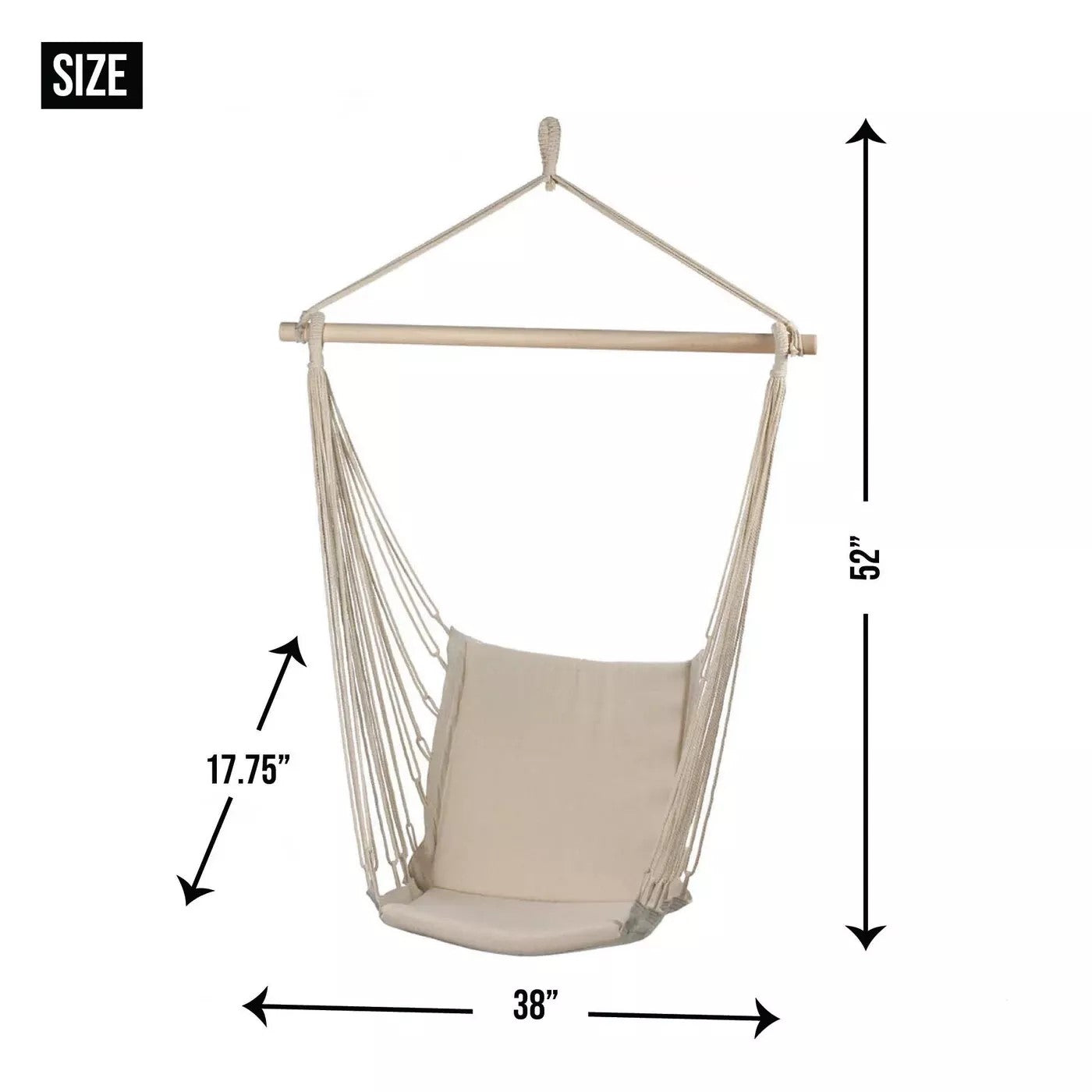Hammock Chair Hanging Rope Swing - Max 200 Lbs - Wooden Bar with Anti-Slip Rings - for Any Indoor or Outdoor Spaces (Beige)