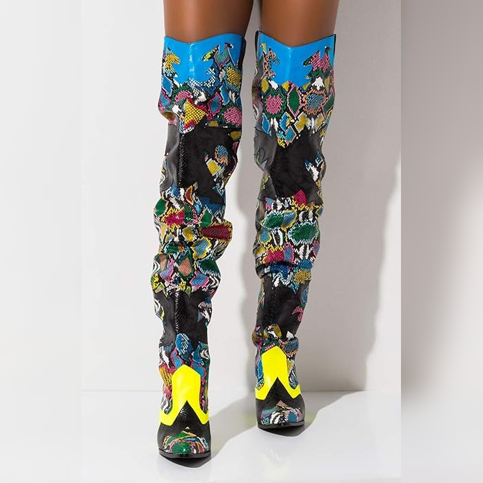 HILDA Colorful Snakeskin Over-the-Knee Boots – Western-Inspired Chunky Heel Statement Boots
