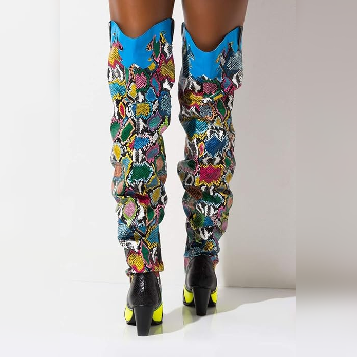HILDA Colorful Snakeskin Over-the-Knee Boots – Western-Inspired Chunky Heel Statement Boots