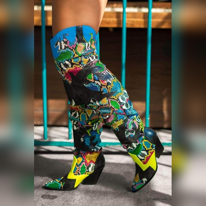 HILDA Colorful Snakeskin Over-the-Knee Boots – Western-Inspired Chunky Heel Statement Boots