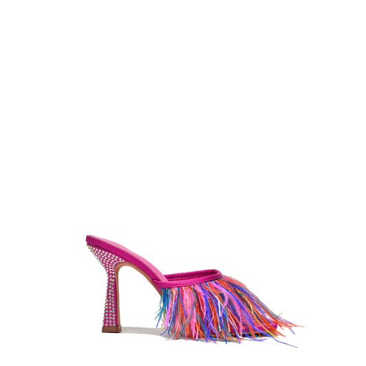 YONI Fuchsia Feather High Heel Mules – Colorful Fringe Heels with Rhinestone Block Heel, Square Toe Party Sandals for Women