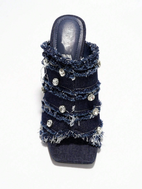 Revolt Women’s Rhinestone Denim High Heel Mules – Frayed Square Toe Stiletto Party Heels