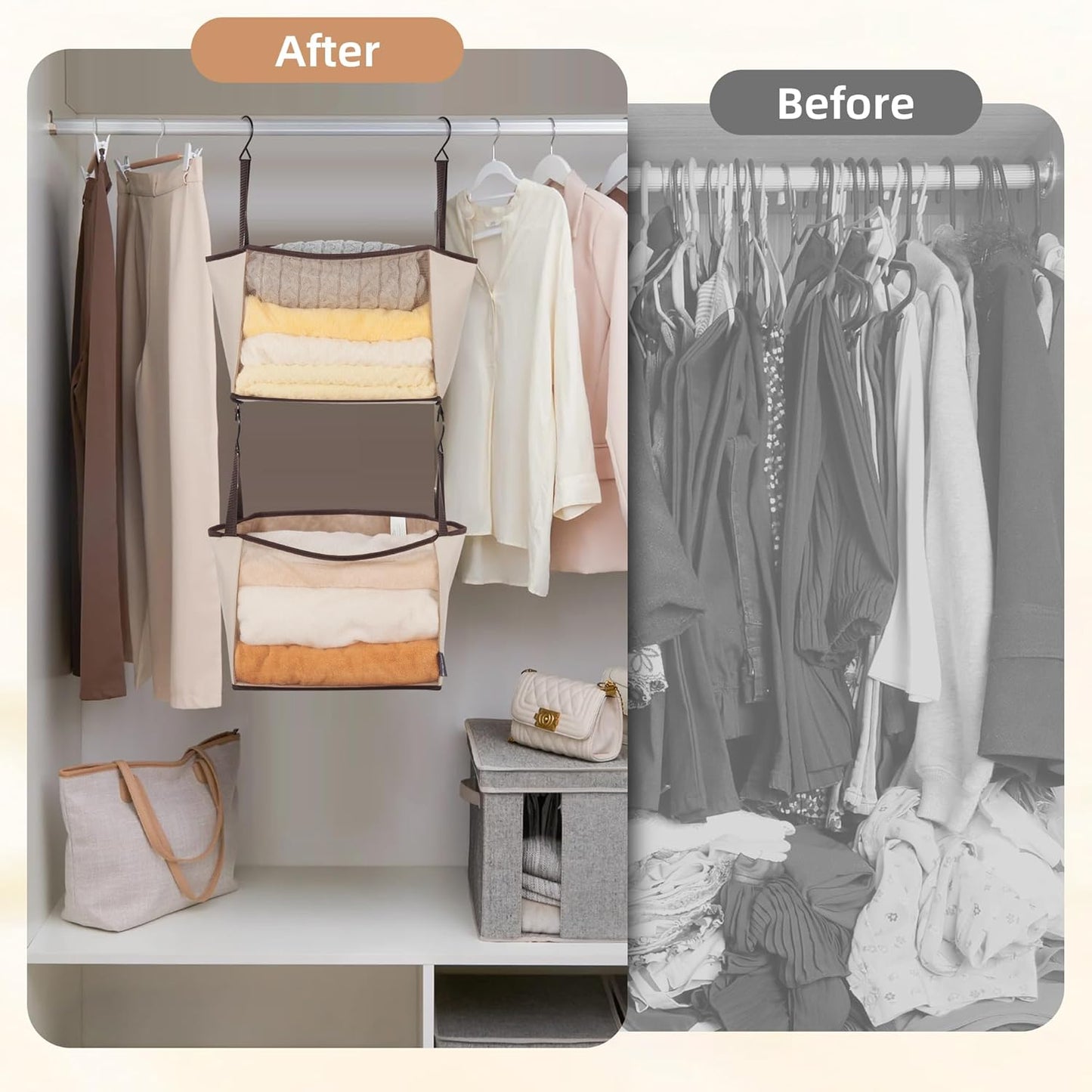 STORAGE MANIAC 2-Shelf Hanging Closet Organizer, Cloth Hanging Closet Shelf, Canvas Hanging Closet Basket with Hooks for Dorm, Apt, Bedroom, College, Garment Rack, Wardrobe, Fabric with Mesh, Beige