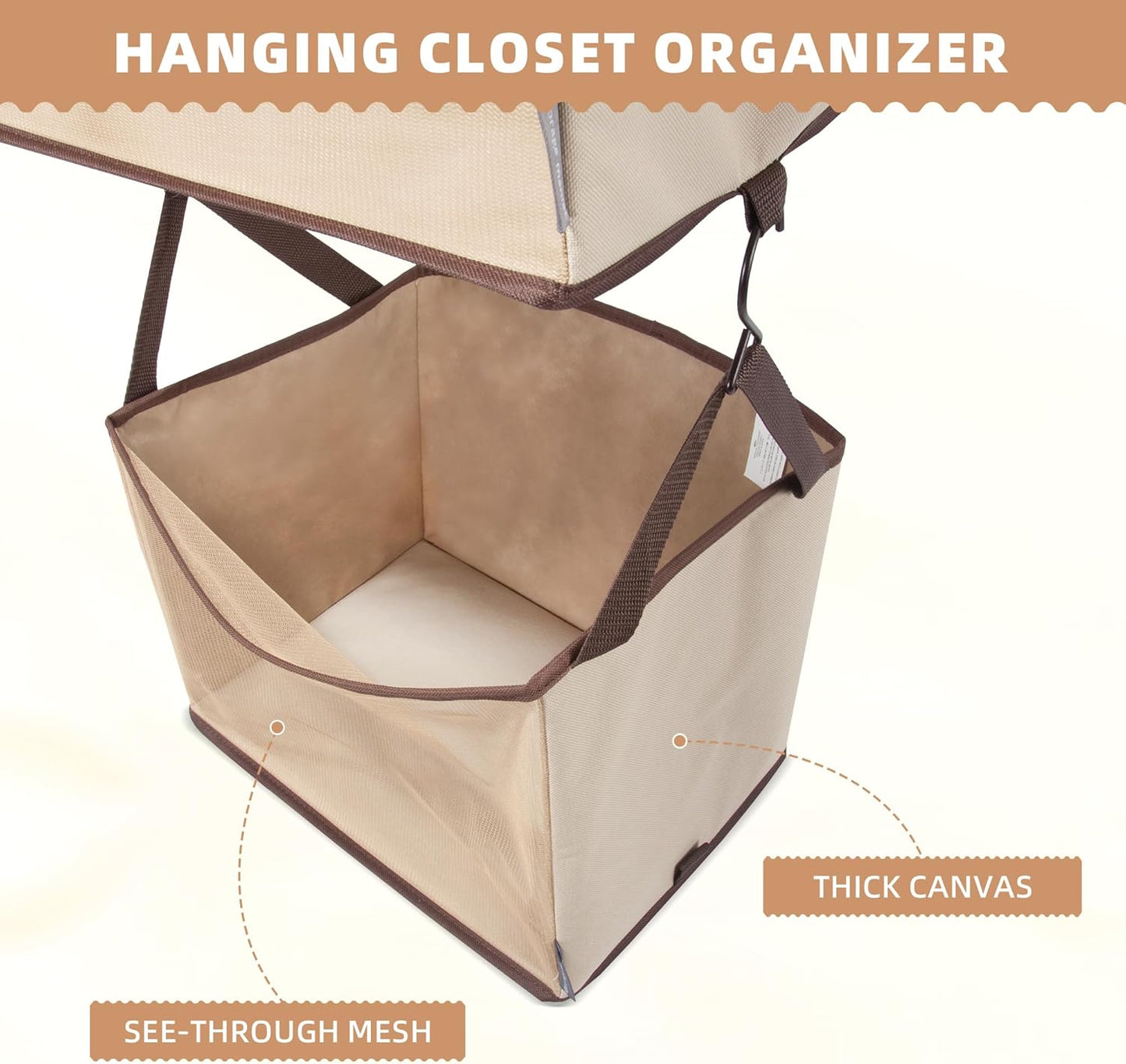 STORAGE MANIAC 2-Shelf Hanging Closet Organizer, Cloth Hanging Closet Shelf, Canvas Hanging Closet Basket with Hooks for Dorm, Apt, Bedroom, College, Garment Rack, Wardrobe, Fabric with Mesh, Beige