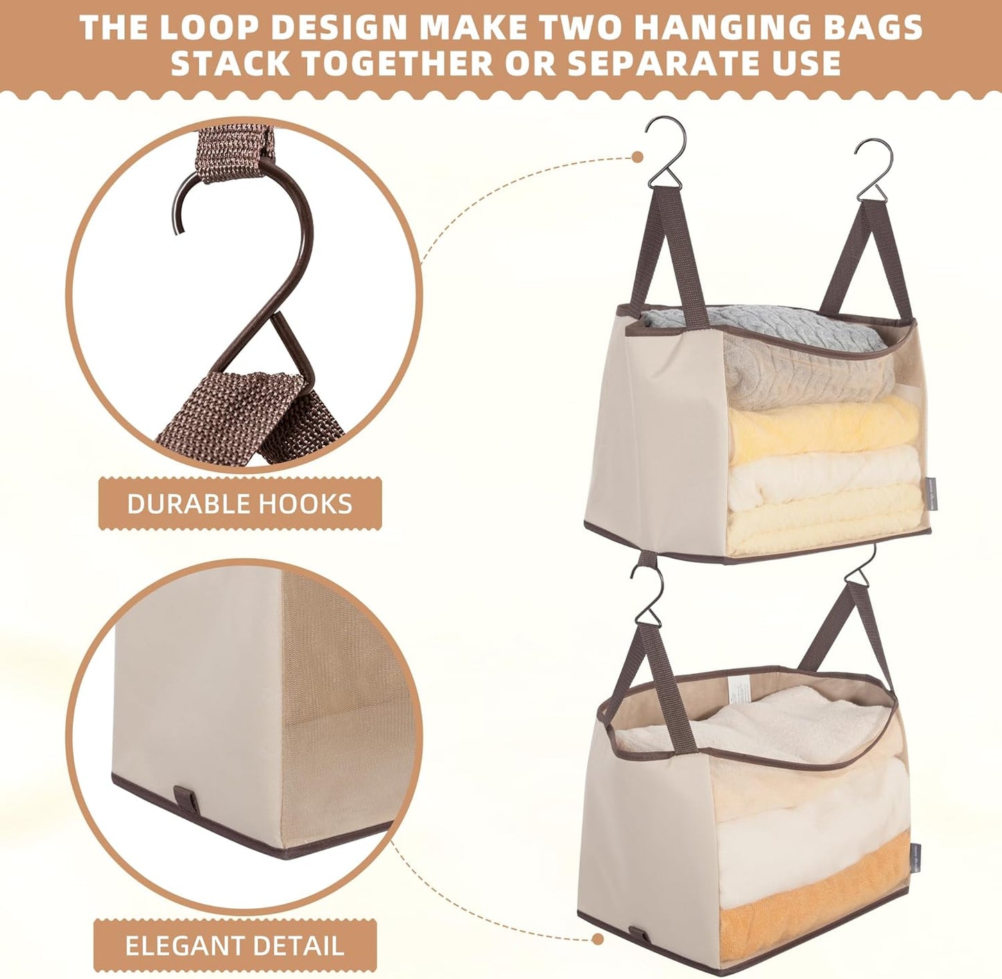 STORAGE MANIAC 2-Shelf Hanging Closet Organizer, Cloth Hanging Closet Shelf, Canvas Hanging Closet Basket with Hooks for Dorm, Apt, Bedroom, College, Garment Rack, Wardrobe, Fabric with Mesh, Beige