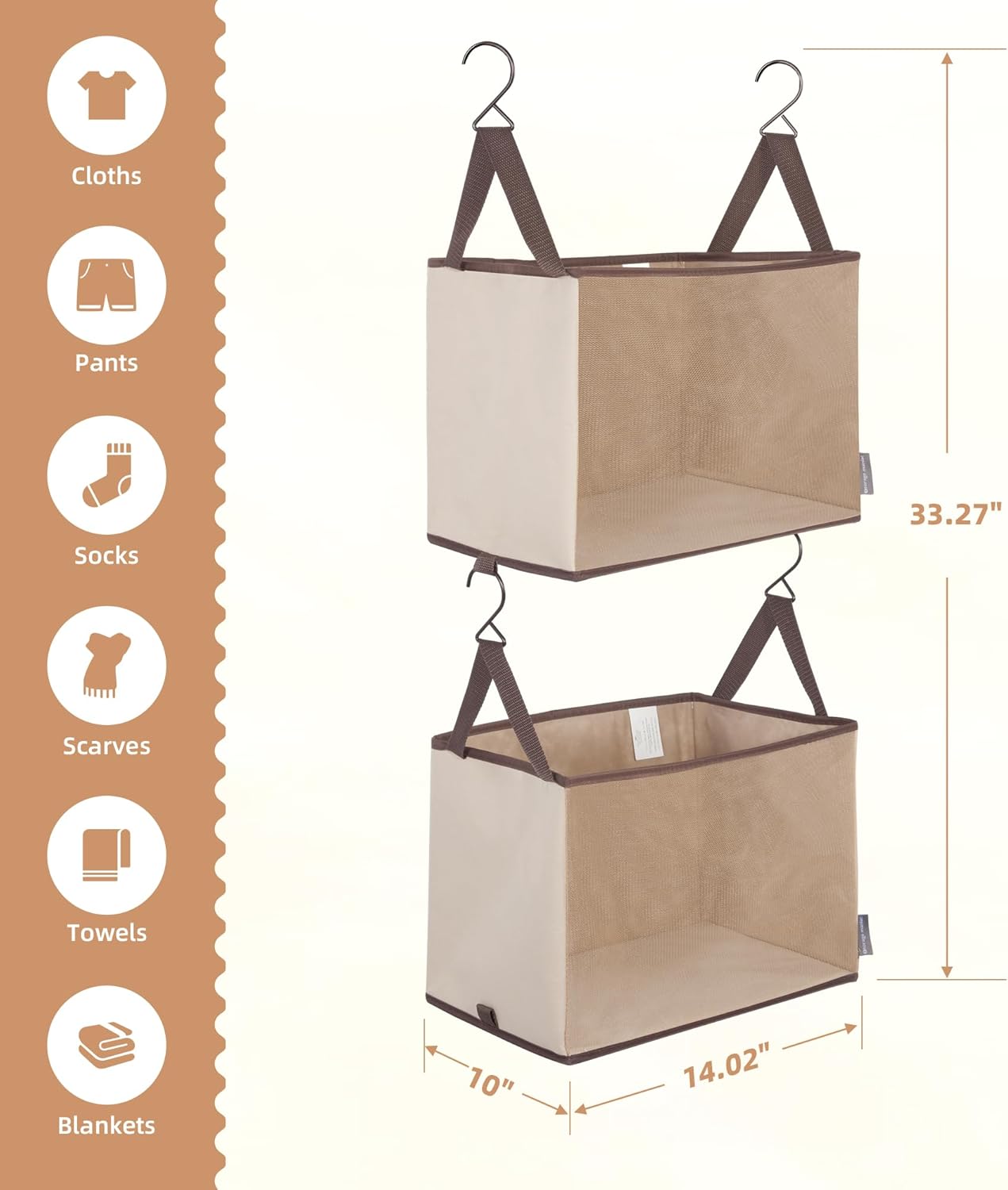 STORAGE MANIAC 2-Shelf Hanging Closet Organizer, Cloth Hanging Closet Shelf, Canvas Hanging Closet Basket with Hooks for Dorm, Apt, Bedroom, College, Garment Rack, Wardrobe, Fabric with Mesh, Beige