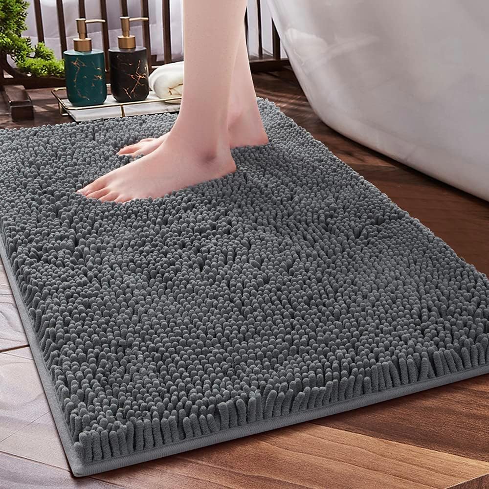 Bathroom Rug, Non-Slip Bath Mat, Soft Cozy Shaggy Thick Bath Rugs for Bathroom, Plush Rugs for Bathtubs, Water Absorbent Rain Showers(Dark Grey, 17"×24")