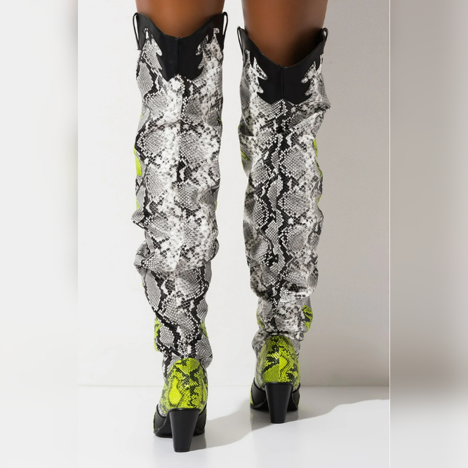 HILDA Colorful Snakeskin Over-the-Knee Boots – Western-Inspired Chunky Heel Statement Boots