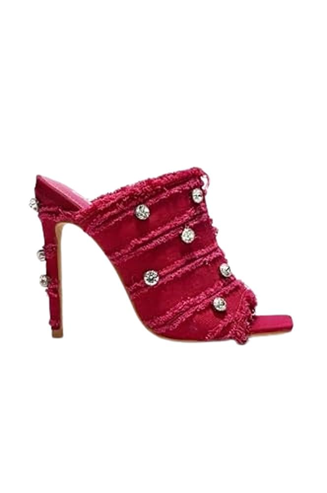 Revolt Women’s Rhinestone Denim High Heel Mules – Frayed Square Toe Stiletto Party Heels