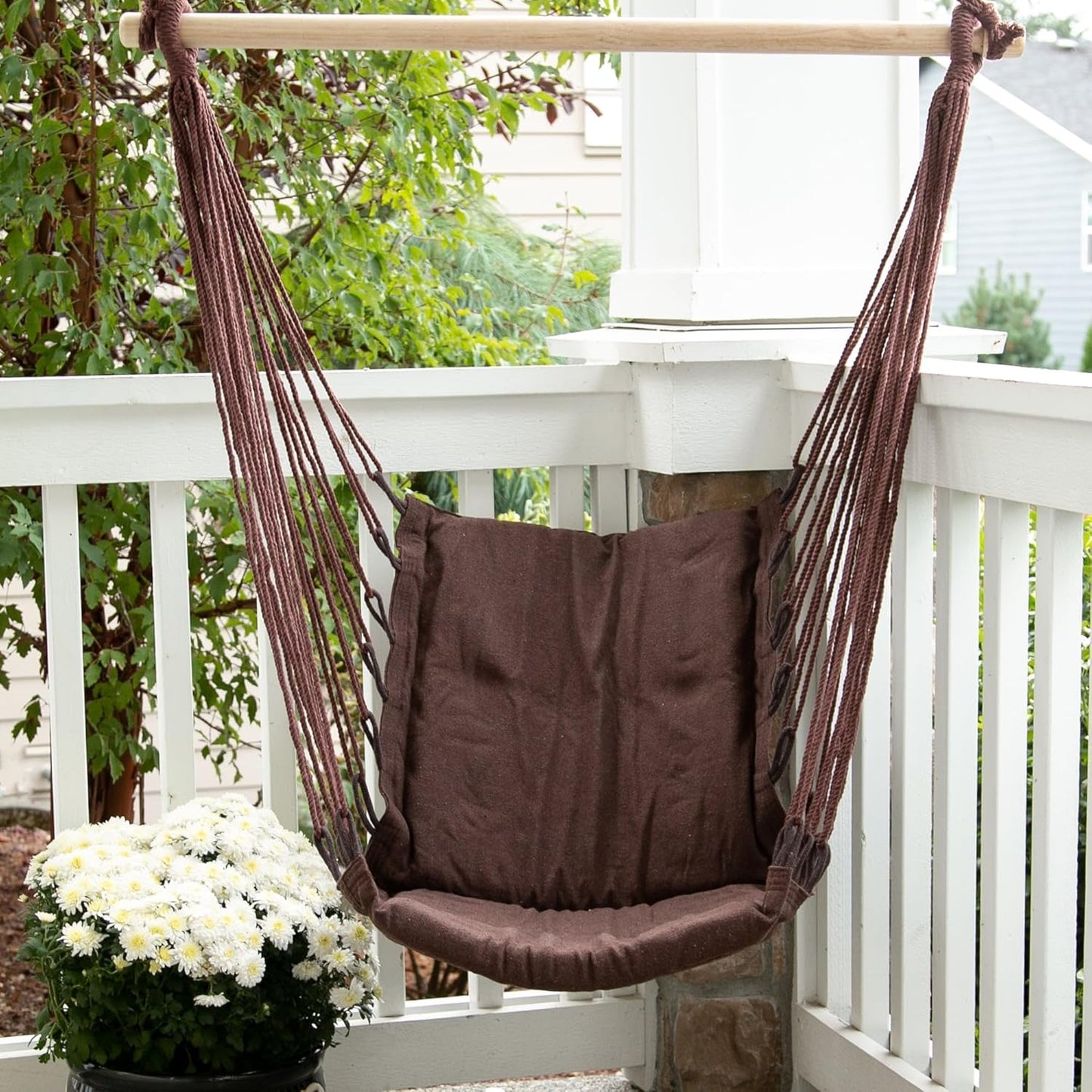 Hammock Chair Hanging Rope Swing - Max 200 Lbs - Wooden Bar with Anti-Slip Rings - for Any Indoor or Outdoor Spaces (Beige)
