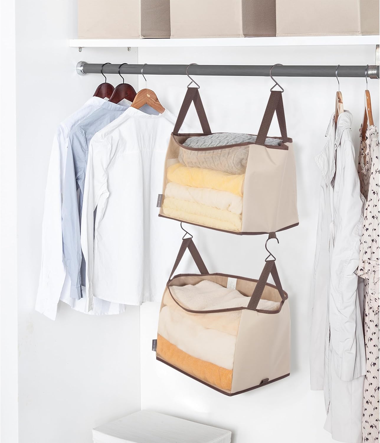 STORAGE MANIAC 2-Shelf Hanging Closet Organizer, Cloth Hanging Closet Shelf, Canvas Hanging Closet Basket with Hooks for Dorm, Apt, Bedroom, College, Garment Rack, Wardrobe, Fabric with Mesh, Beige