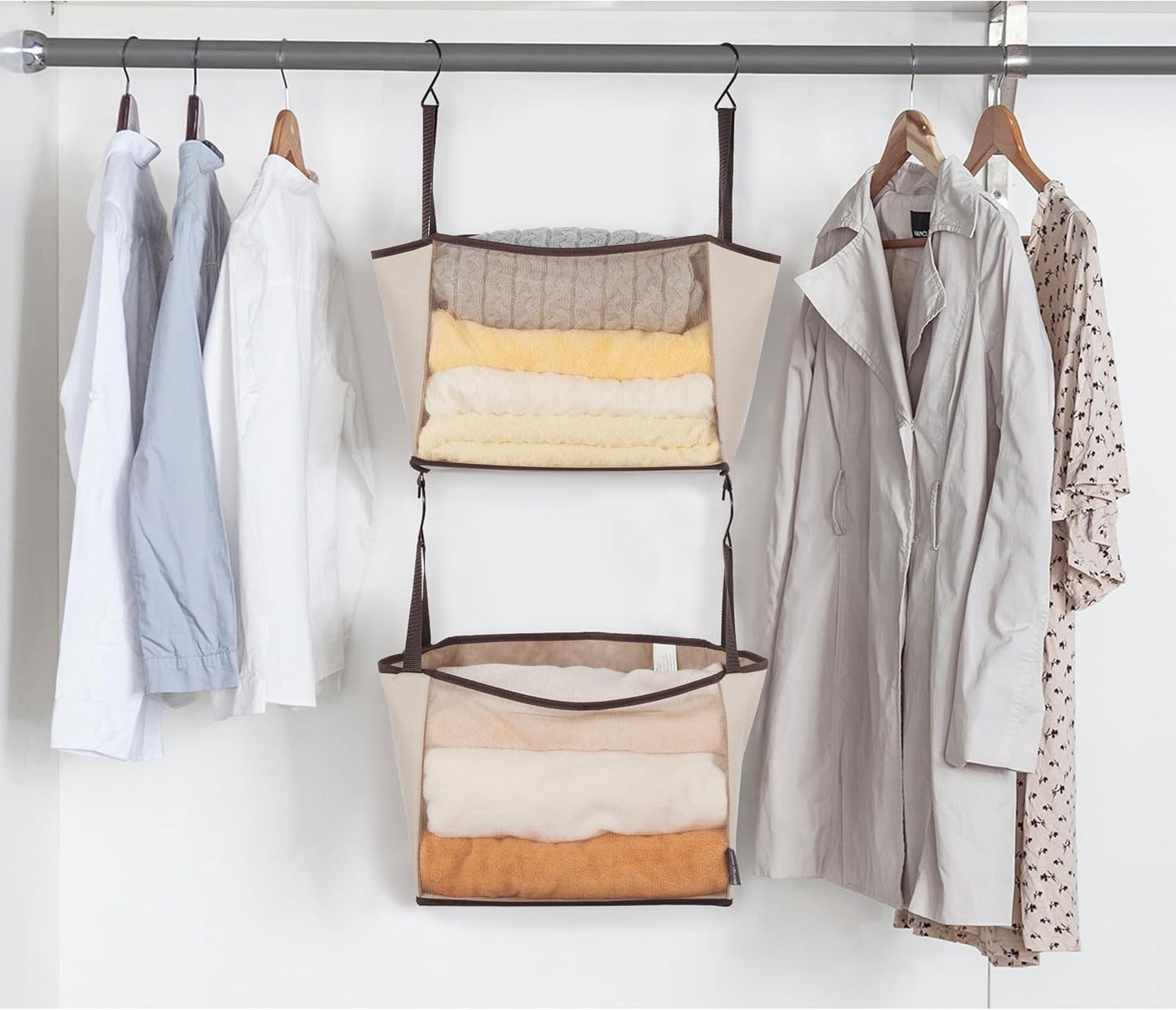 STORAGE MANIAC 2-Shelf Hanging Closet Organizer, Cloth Hanging Closet Shelf, Canvas Hanging Closet Basket with Hooks for Dorm, Apt, Bedroom, College, Garment Rack, Wardrobe, Fabric with Mesh, Beige
