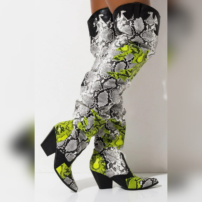 HILDA Colorful Snakeskin Over-the-Knee Boots – Western-Inspired Chunky Heel Statement Boots