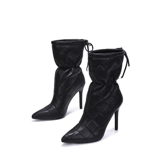 Makayla Quilted Pointed Toe Ankle Boots – Elegant PU Leather Heels for Office & Everyday Chic