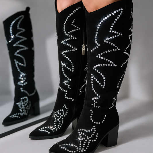 Tripoli™ Women’s Rhinestone Cowboy Boots – Suede Knee-High Western Party Boots with 3-Inch Heel