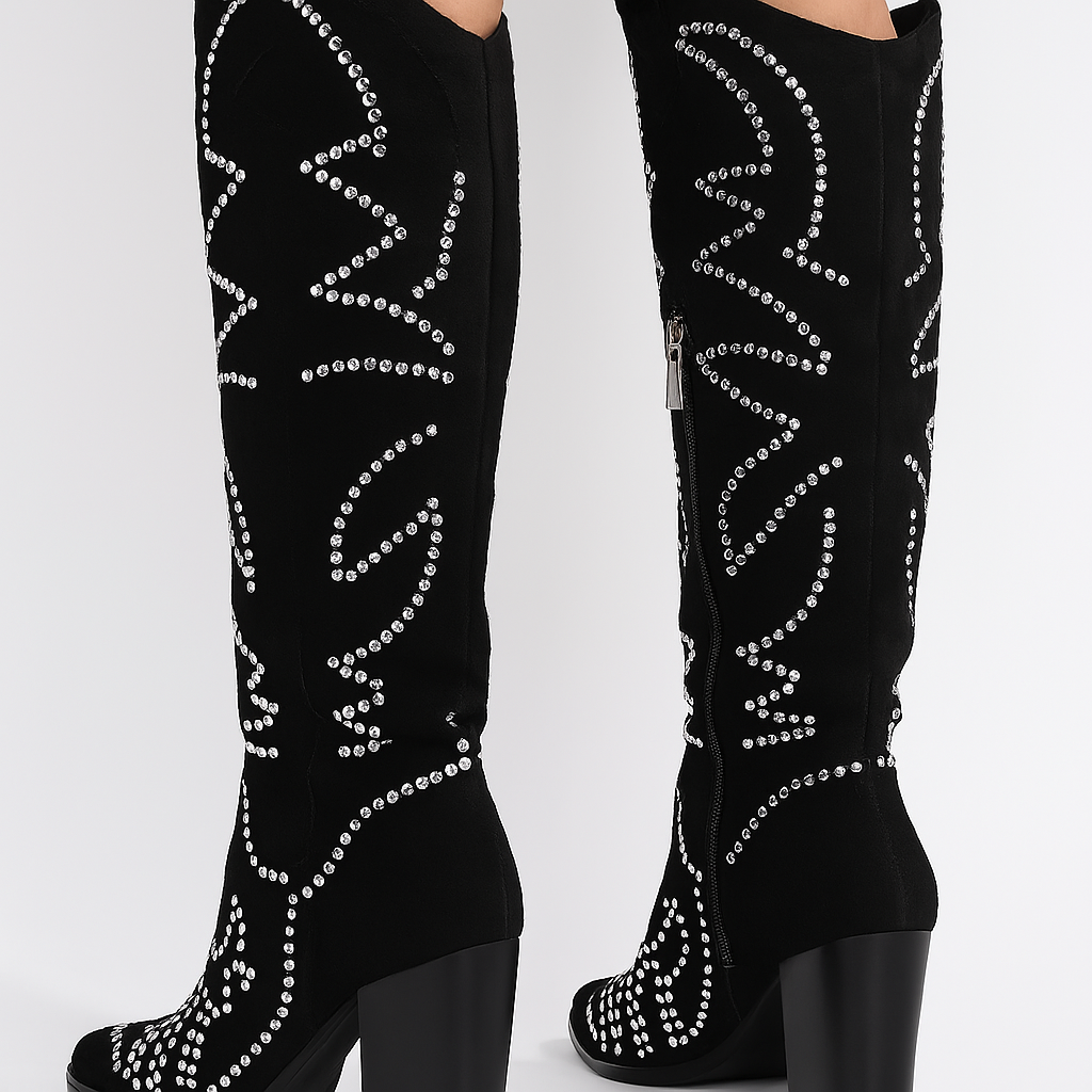 Tripoli™ Women’s Rhinestone Cowboy Boots – Suede Knee-High Western Party Boots with 3-Inch Heel