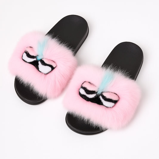 Mochi Cute Fluffy Fur Slides – Colorful Open Toe Furry Slippers for Women