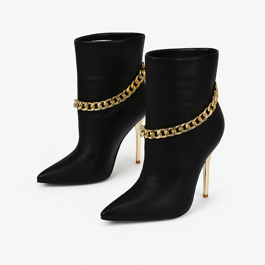 Joelle Gold Chain Pointed Toe Ankle Boots – Elegant Stiletto Heels for Women
