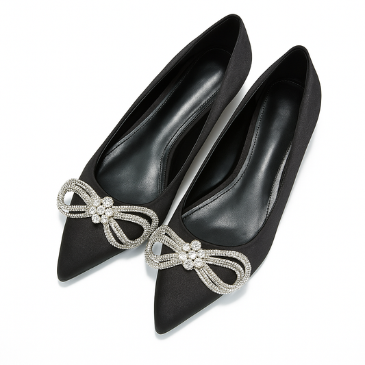 Stearling Pointed Toe Flats for Women – Elegant Rhinestone Bow Slip-On Dress Shoes
