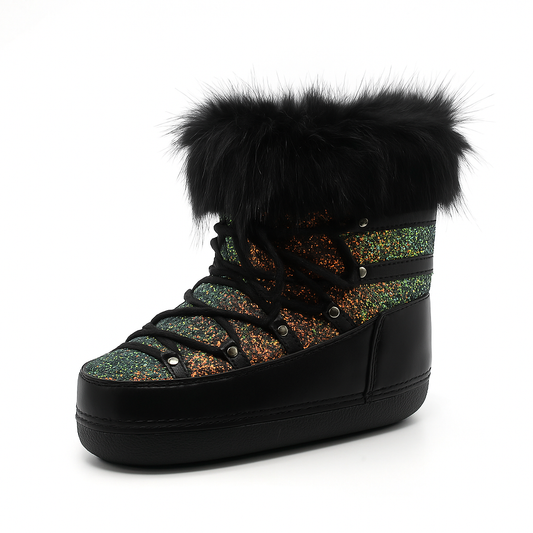 Polar Women’s Sequin Feather Snow Boots – Round Toe Winter Booties with Faux Fur Trim
