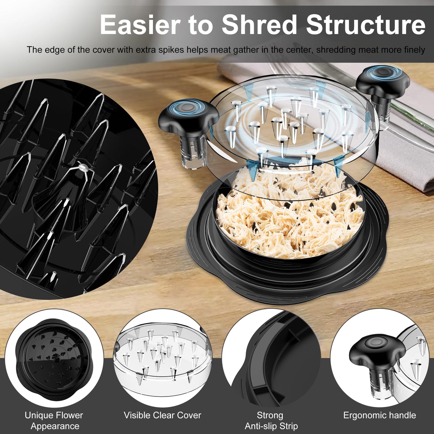 Large Chicken Breast Shredder Tool Twist with Brush & Fork, Visible Meat Shredder, Strong Anti-Slip Strip, Ergonomic Handle, BPA Free, Suitable for Pork Beef Chicken