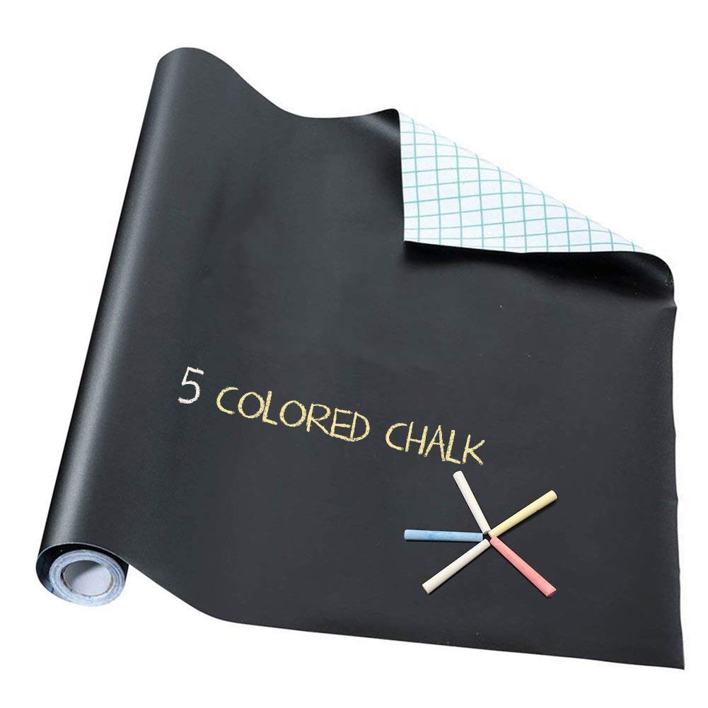 Large Chalkboard Contact Paper - Vinyl Wall Sticker with 5 Colored Chalk for Home Room Office Classroom Keep Family, School & Work Organized (Black)
