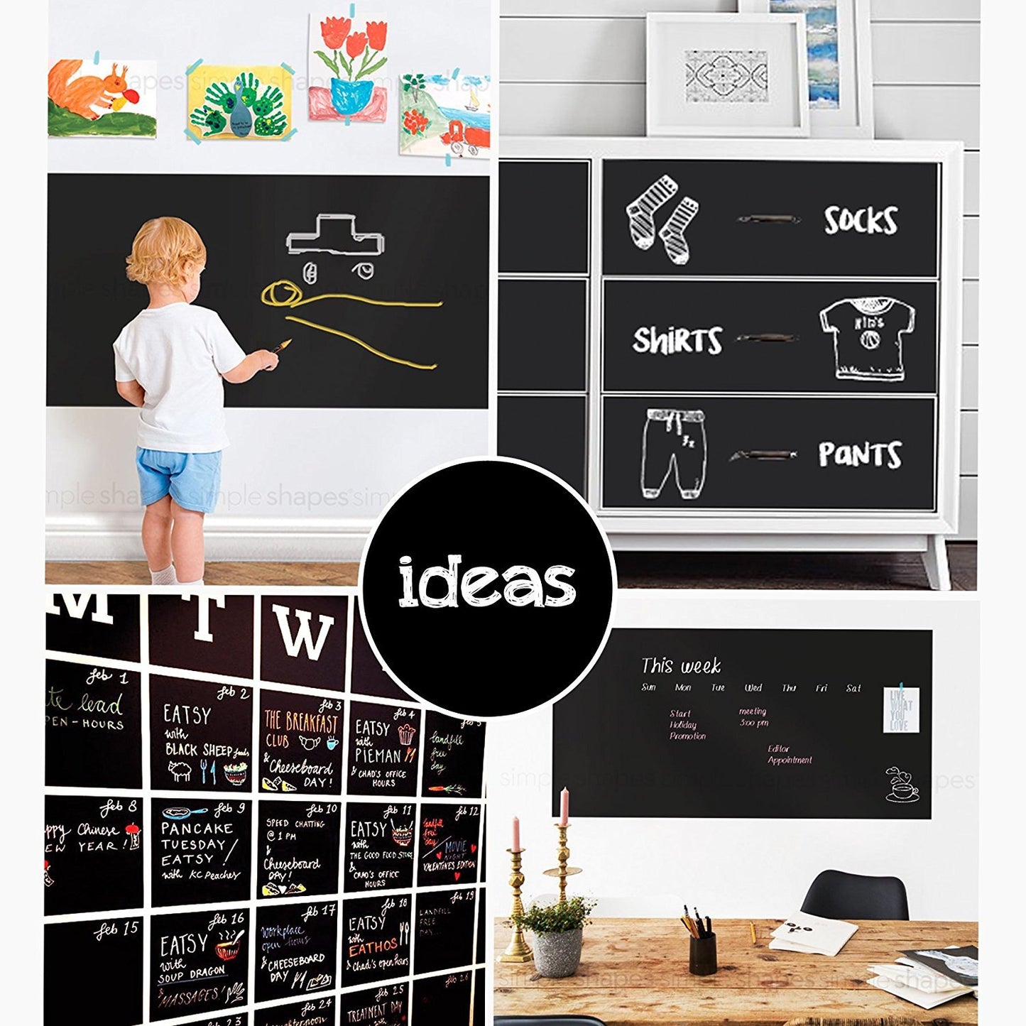 Large Chalkboard Contact Paper - Vinyl Wall Sticker with 5 Colored Chalk for Home Room Office Classroom Keep Family, School & Work Organized (Black)
