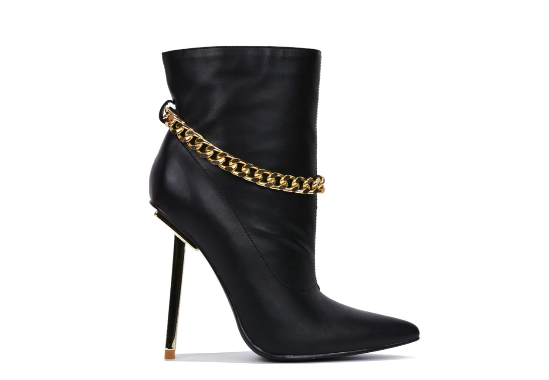 Joelle Gold Chain Pointed Toe Ankle Boots – Elegant Stiletto Heels for Women