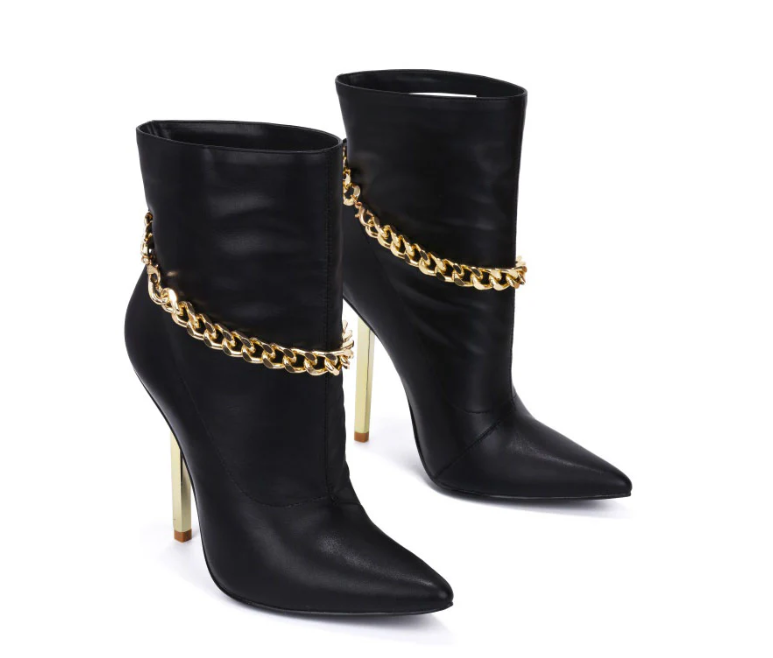 Joelle Gold Chain Pointed Toe Ankle Boots – Elegant Stiletto Heels for Women