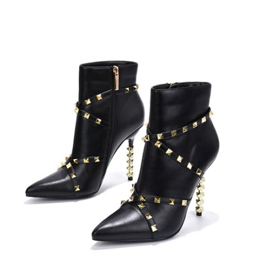 Ines Studded Sculpted Heel Booties – Pointed Toe Stiletto Ankle Boots for Women