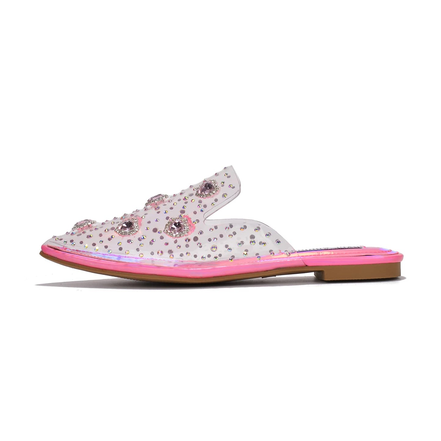 Sierra Lady’s Glam Crystal Bling Pink Pointed-Toe Mules – Studded Clear Slip-On Shoes for Women