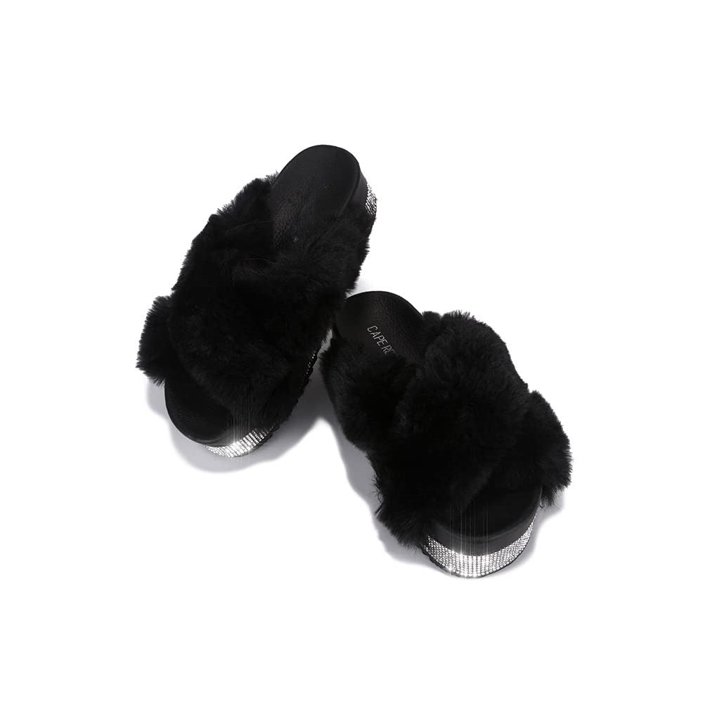 Spotty Criss Cross Furry Platform Slides – Rhinestone Trimmed Fuzzy Sandals for Women