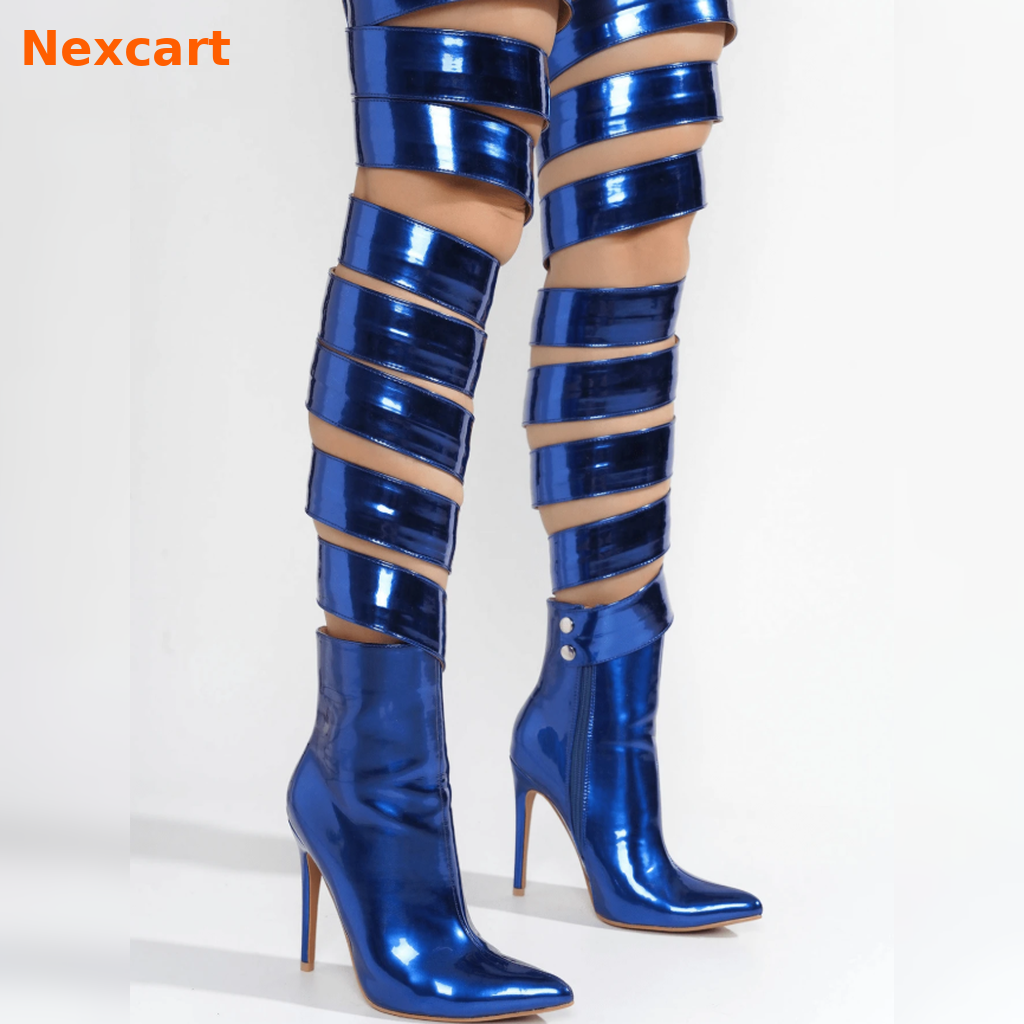Lapel Women’s Shiny Blue Stiletto Boots – Over-the-Knee and Ankle Patent Leather Heels for Party, Fashion Show, and Street Style