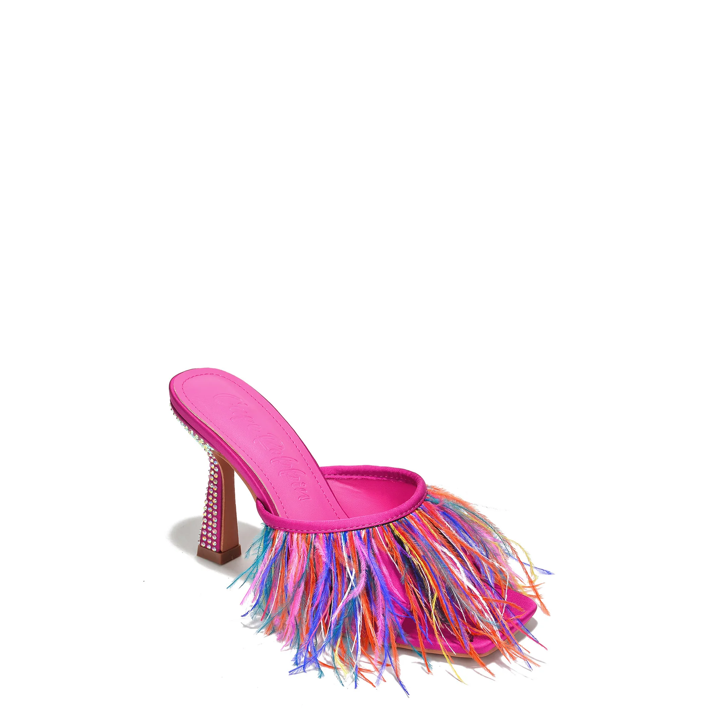 YONI Fuchsia Feather High Heel Mules – Colorful Fringe Heels with Rhinestone Block Heel, Square Toe Party Sandals for Women