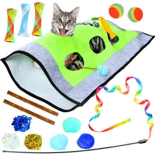 15-Piece Interactive Cat Toy Set – Cat Play Mat with Teaser Wand, Crinkle Balls, Plush Mice & Catnip Toys for Indoor Kittens and Small Pets