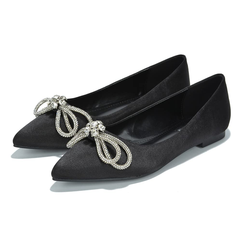 Stearling Pointed Toe Flats for Women – Elegant Rhinestone Bow Slip-On Dress Shoes