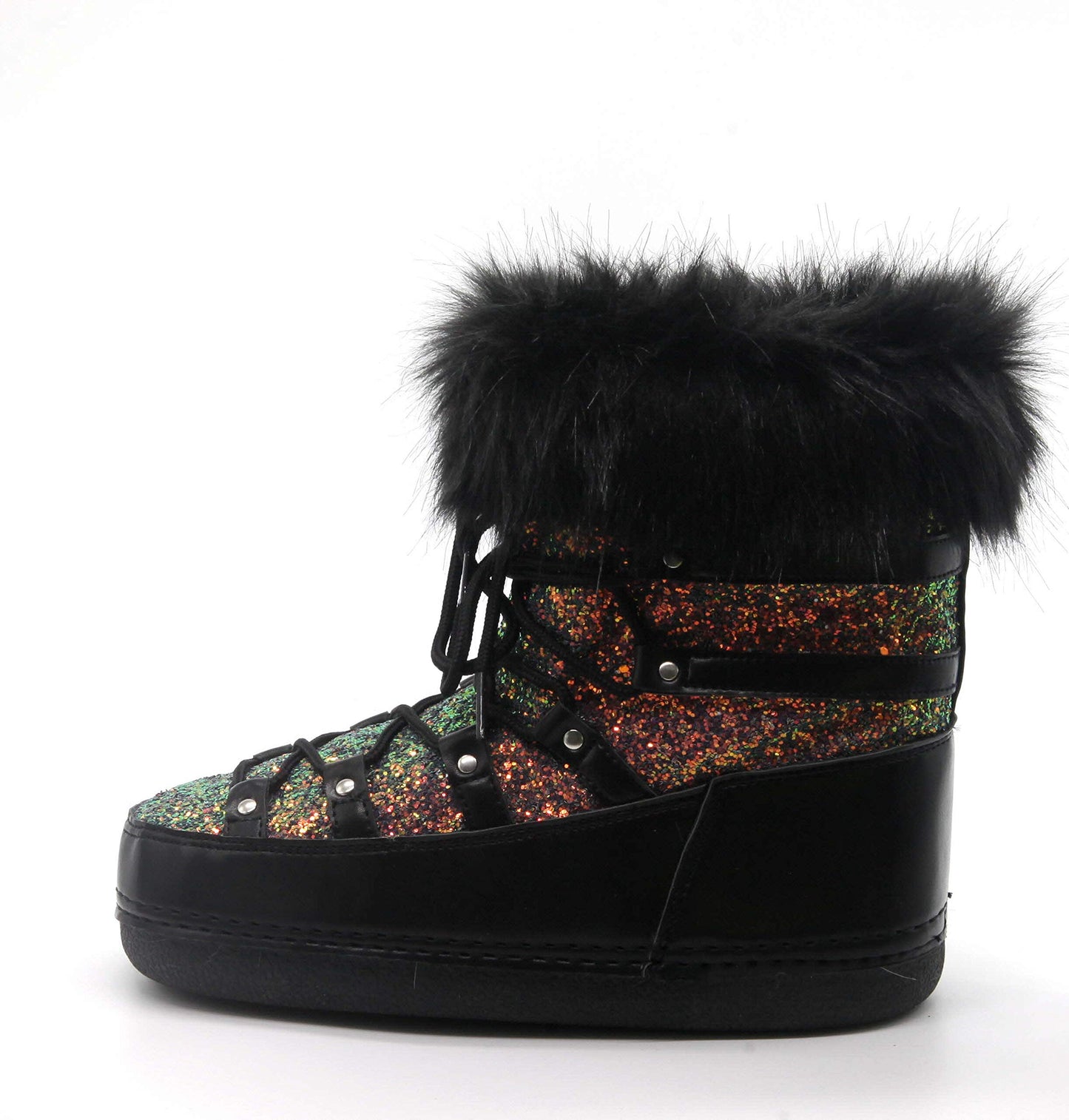 Polar Women’s Sequin Feather Snow Boots – Round Toe Winter Booties with Faux Fur Trim