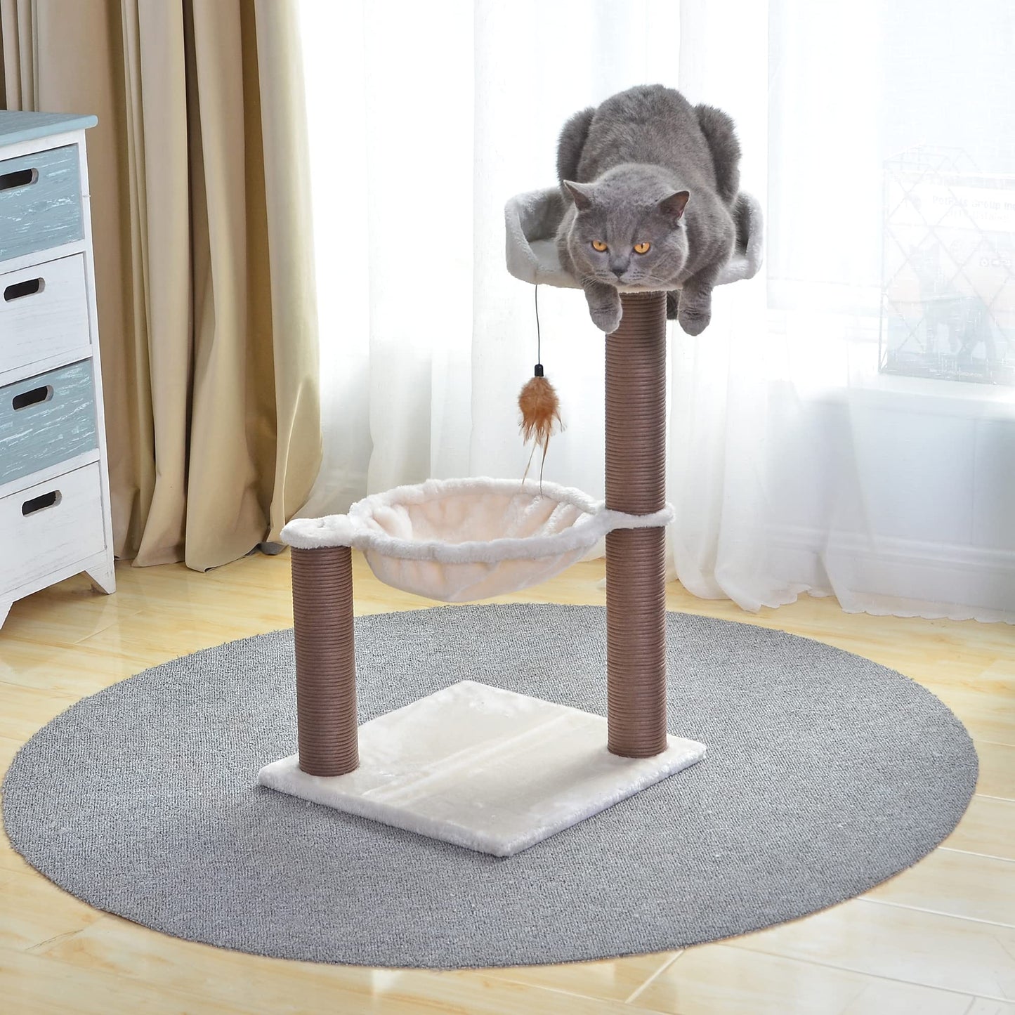 3-Level Cat Tree with Feather Toy - Small Cat Hammock, Scratching Posts, 15lbs Capacity, Beige