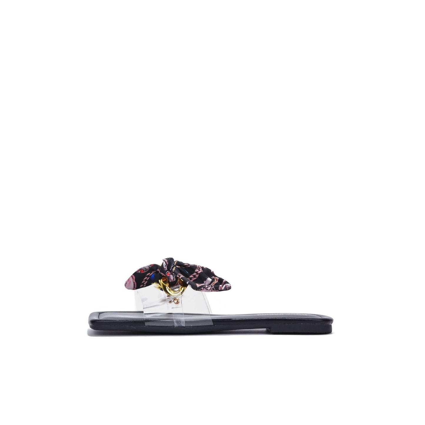 Rival Women’s Square Toe Flat Sandals – Slip-On Clear Strap Slides with Chain Bow Detail, Summer Casual Chic Beach Shoes