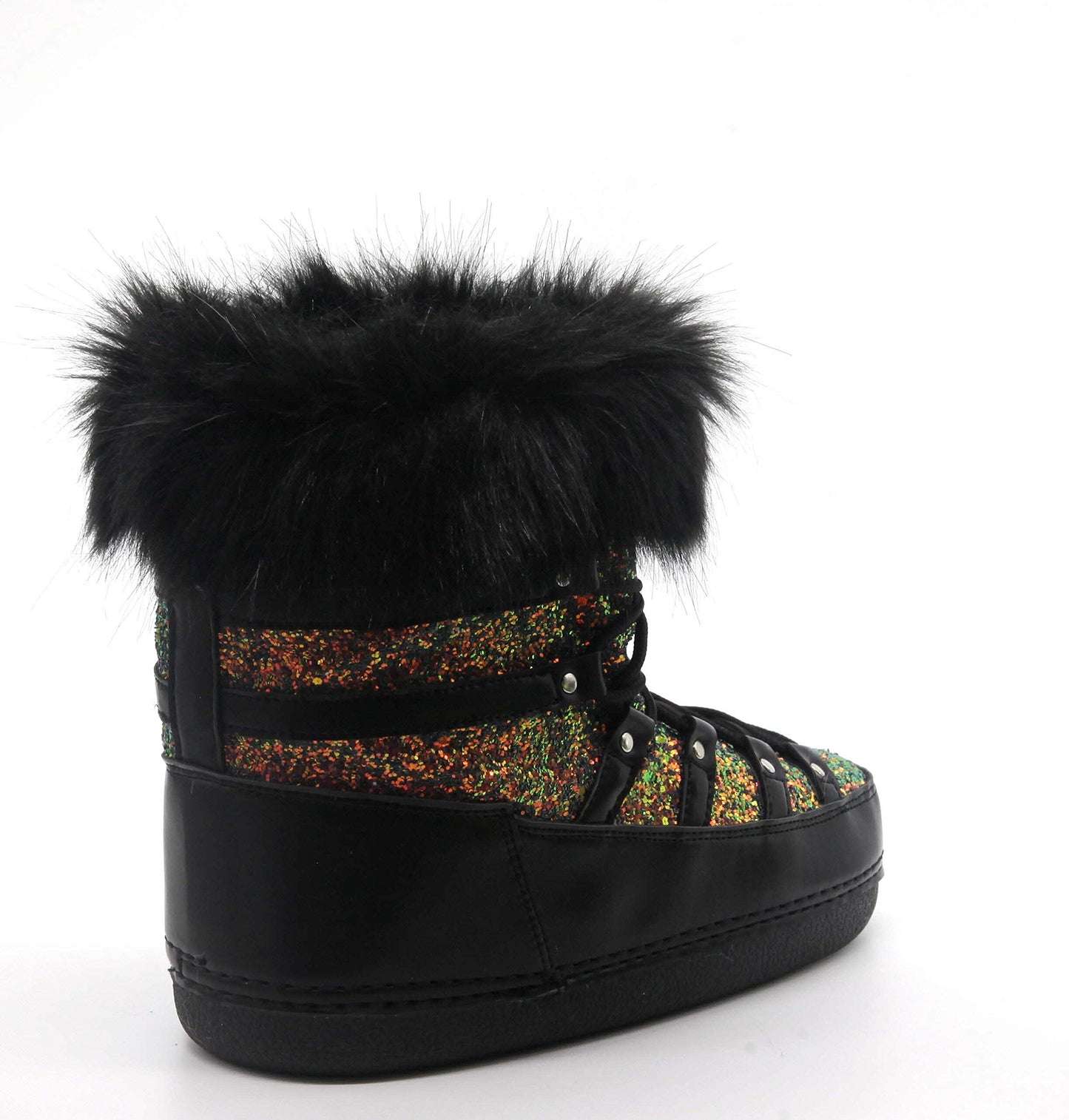 Polar Women’s Sequin Feather Snow Boots – Round Toe Winter Booties with Faux Fur Trim