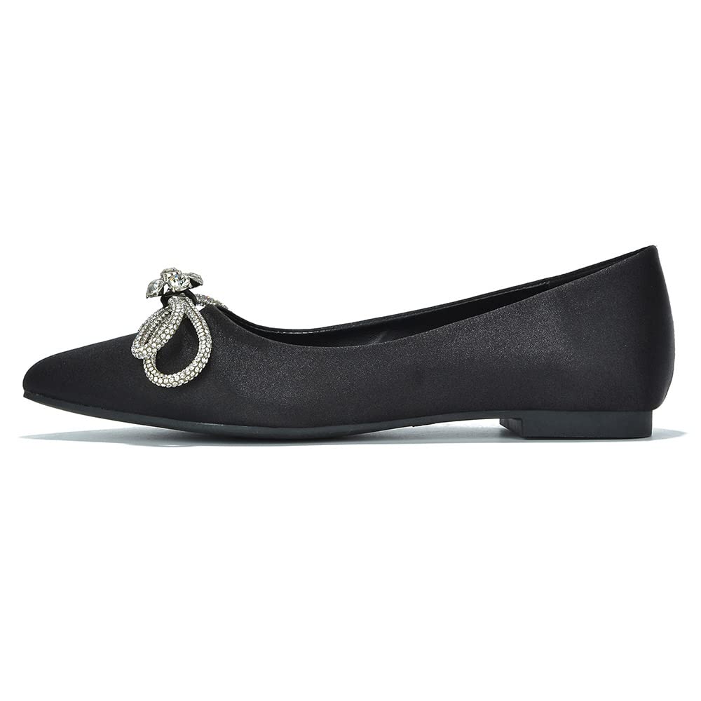 Stearling Pointed Toe Flats for Women – Elegant Rhinestone Bow Slip-On Dress Shoes
