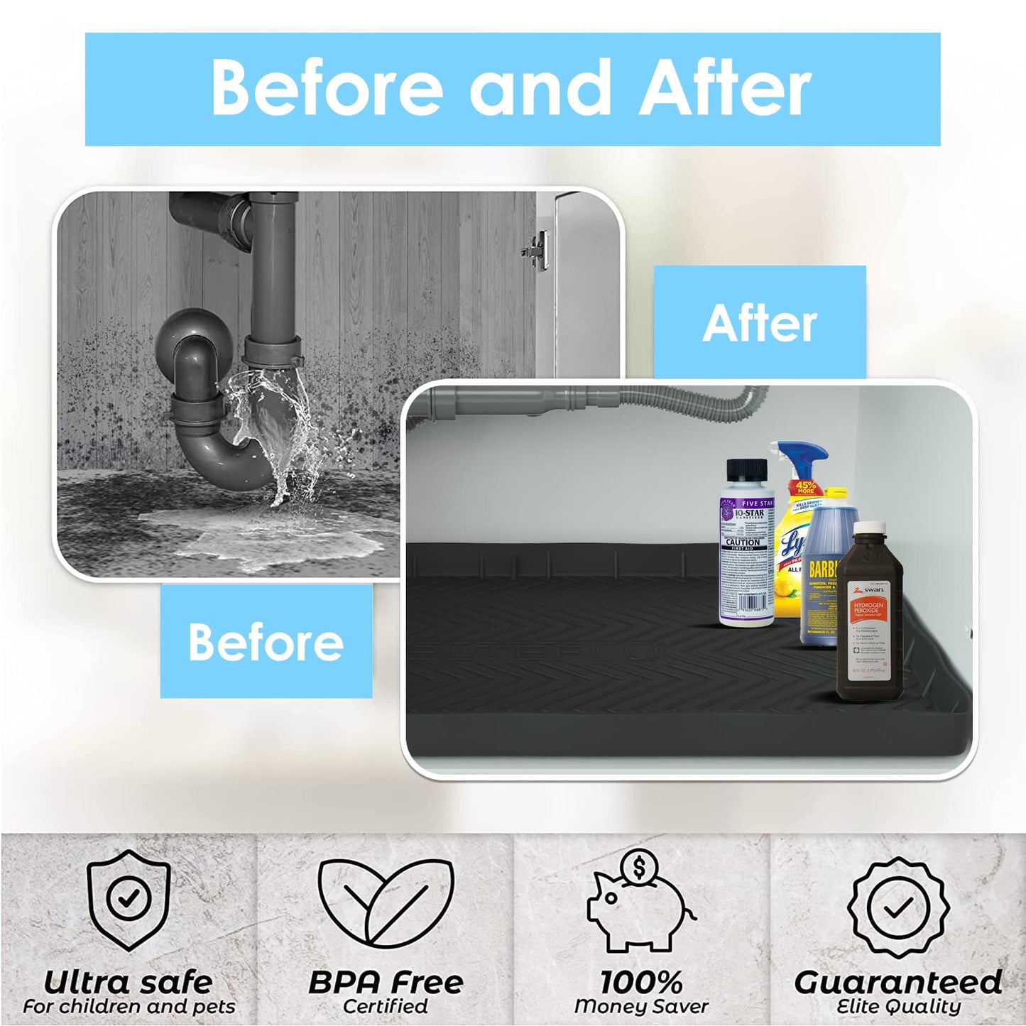 Under Sink Mats for Kitchen Waterproof, 34" X 22" Or Smaller Cut to Fit Under Sink Drip Tray for Kitchen Bathroom Cabinets, Silicone Liner Hold Up to 3.3 Gallons Liquid