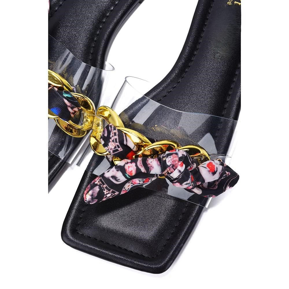Rival Women’s Square Toe Flat Sandals – Slip-On Clear Strap Slides with Chain Bow Detail, Summer Casual Chic Beach Shoes